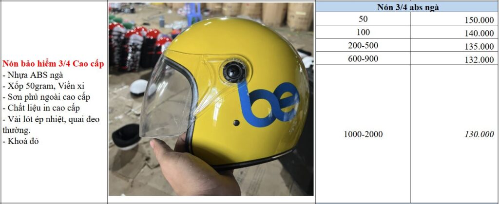Báo giá nón bảo hiểm 3/4